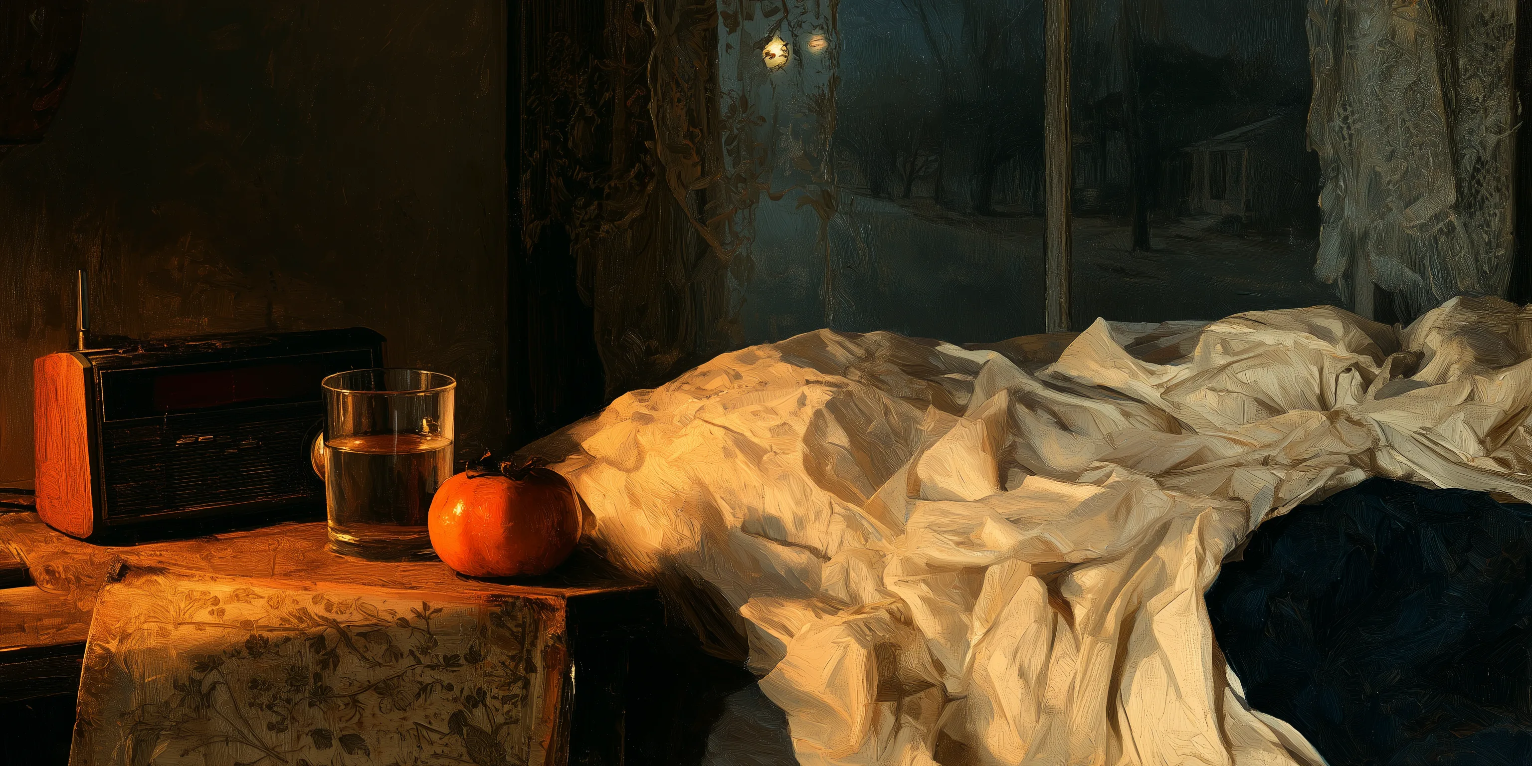 A dark bedroom at night; a bedside clock reads 10:11, and a window opens on a moonlit street.
